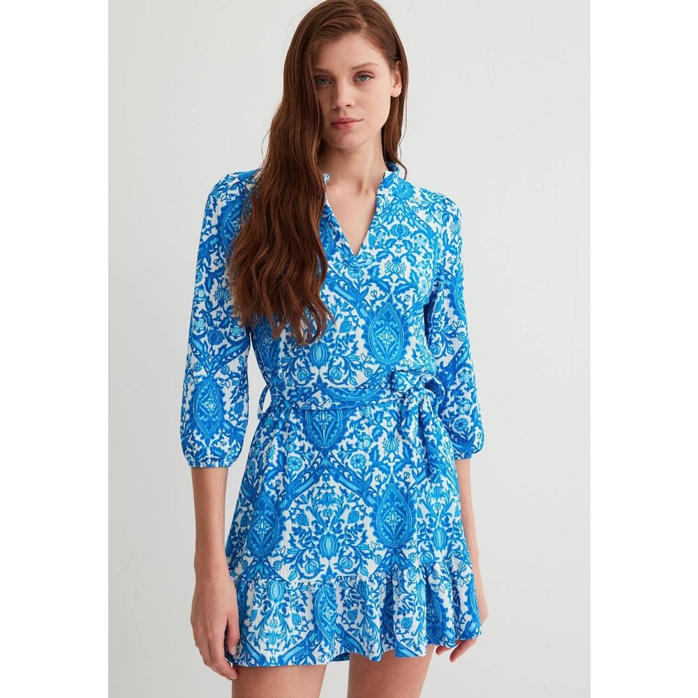 BELTED BLUE PATTERNED DRESS