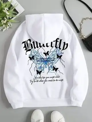 🦋 White hoodie… with a blue butterfly that tells your story of style in your own way 💙