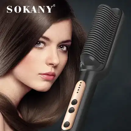 Sokany SK 1008 Ionic Hair Straightener Brush with Built-in Comb Fast Heating Black