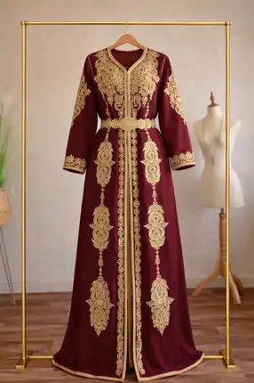 An authentic Moroccan Takchita, beautifully crafted with traditional Tarz embroidery,