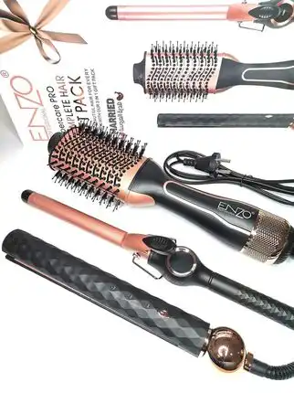A hair styling set consisting of a straightener, hair straightener, and a thermal brush