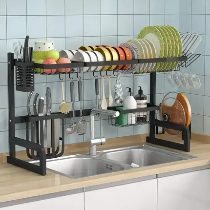 Stainless steel dish drying rack used above the kitchen sink