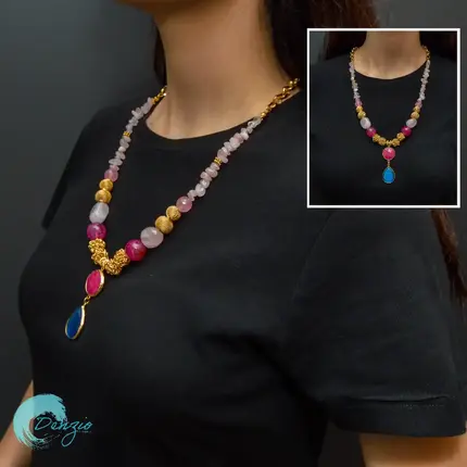 Agate And Pink Quartz Natural Stone Necklace