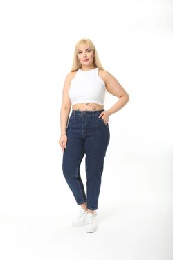 Women's Navy Blue Plus Size Pleated Mom Jeans
