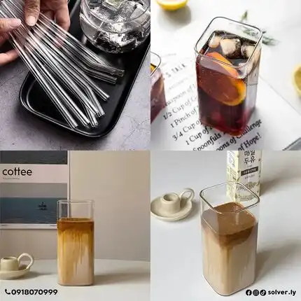 Modern square cup with straight glass straw 450 ml