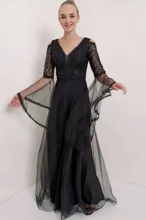 Women's black tulle lace evening dress with ruffle sleeves