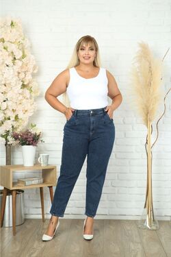Women's Blue Plus Size Pleated Mom Jeans