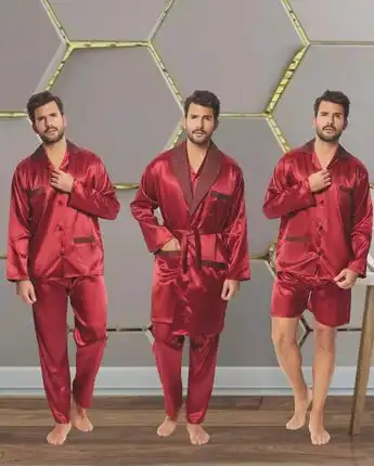 Men's pajamas, three pieces, satin fabric